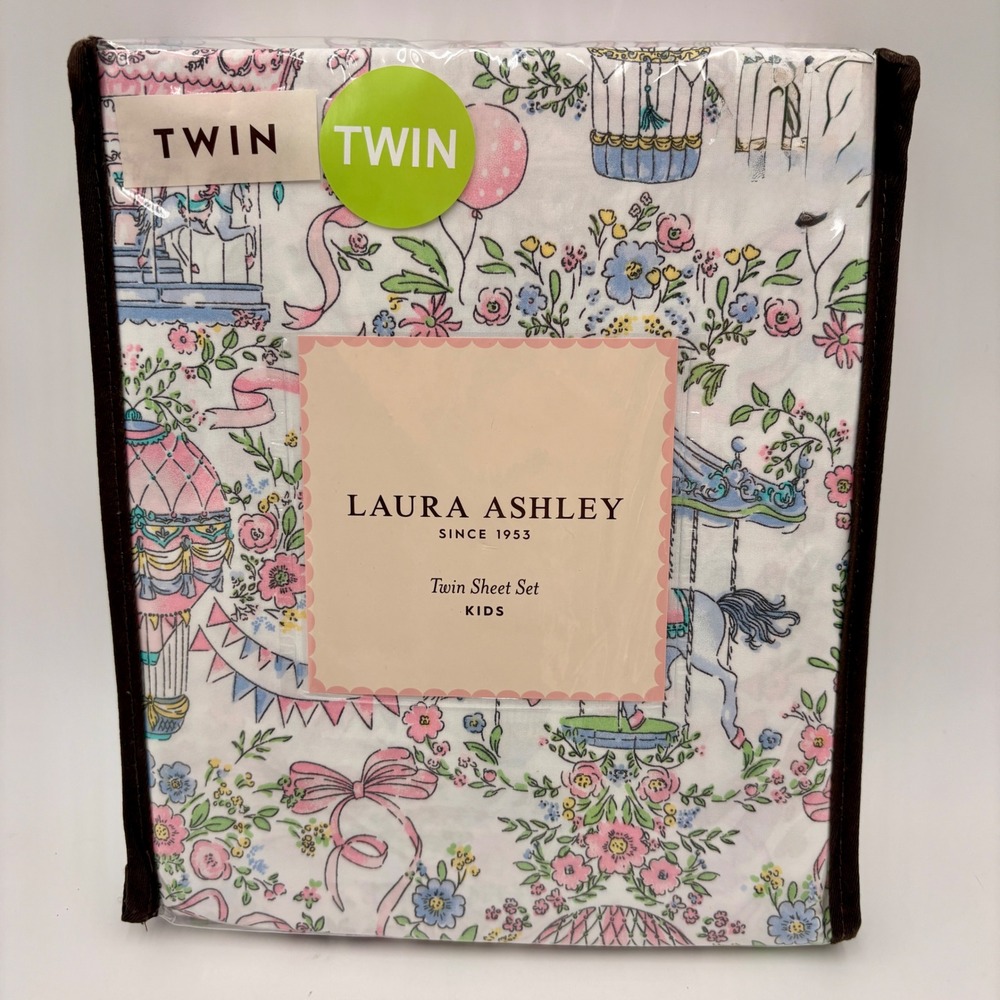 Laura Ashley Kids Fairytale Carnival Twin Sheet Set Pink Carousel Floral 3pc NEW